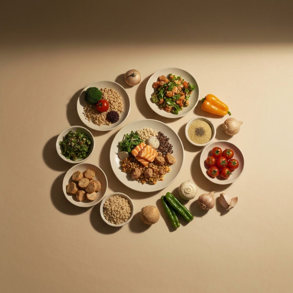 Ausgeglichene Essenskomposition mit verschiedenen natürlichen Zutaten