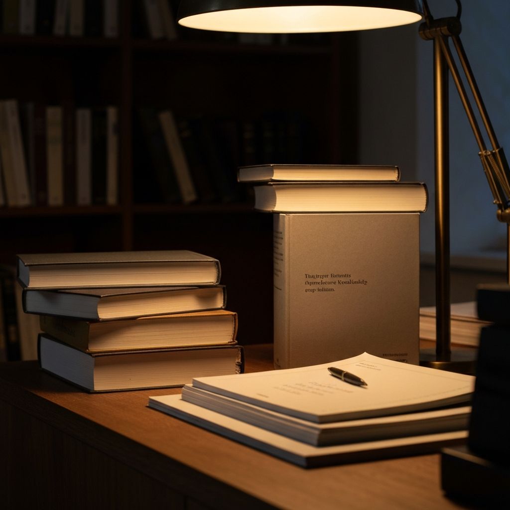 Gestapelte Forschungsbücher und Materialien in ruhiger Studienumgebung