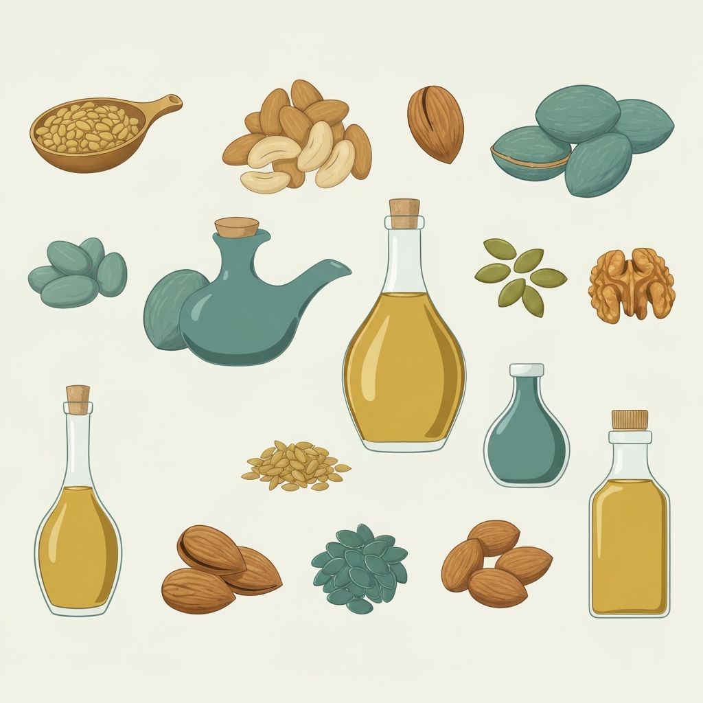 Abstraktes Bild von gesunden Fetten wie Nüssen, Samen und Ölen